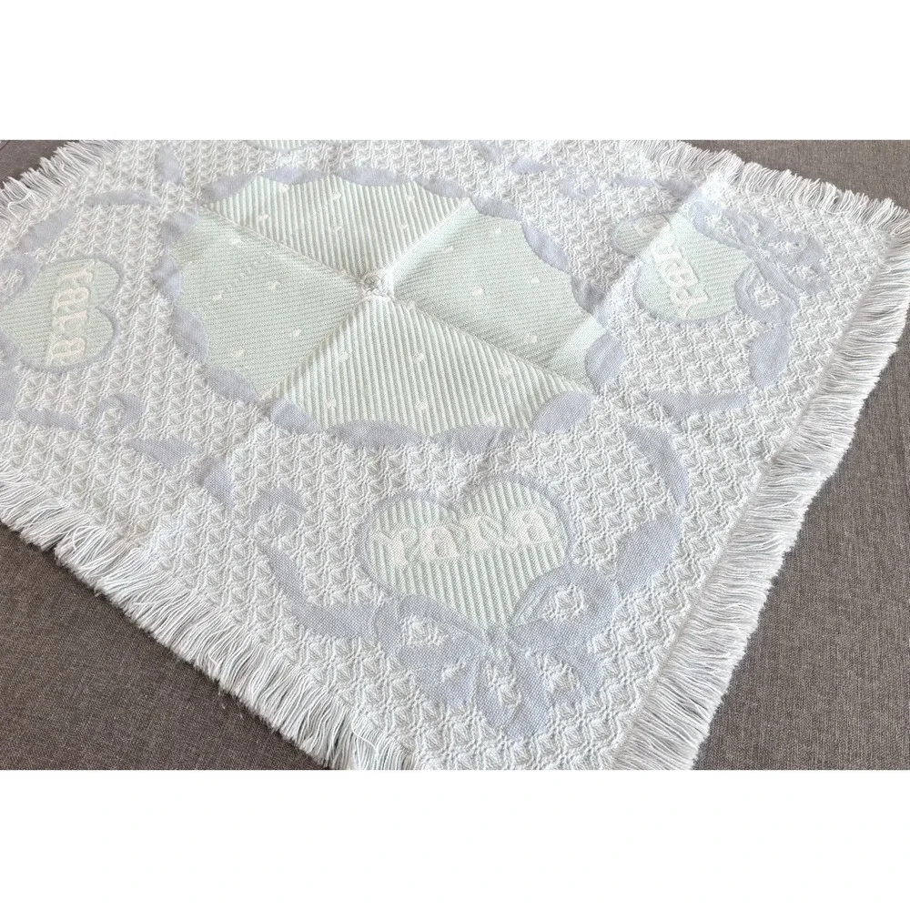 Vintage Baby Woven Throw Blanket Blue White Fringe Hearts Bows Nursery 34x32 80s